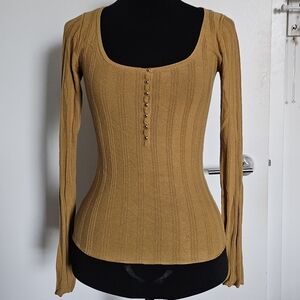 Rienda Gyaru Japan Mustard Yellow Gold Button Ribbed Henley Long Sleeve Shirt